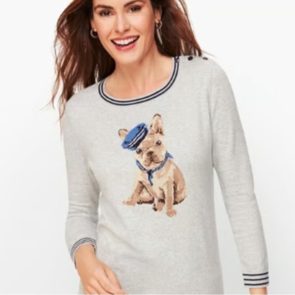 Talbots Blue and Gray Crew Neck Sweater with French Bulldog Sailor Design